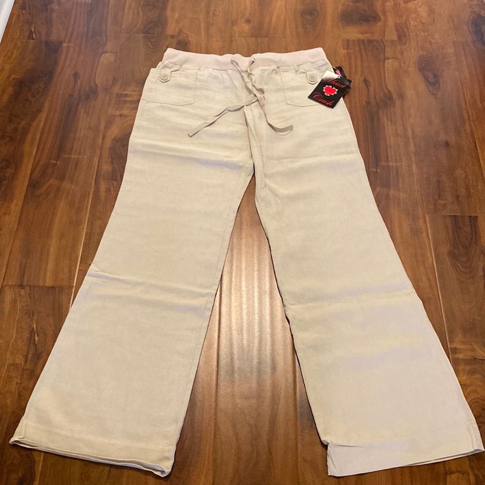 Vintage Heart Crush L tan wide leg linen pants with cute front pockets.